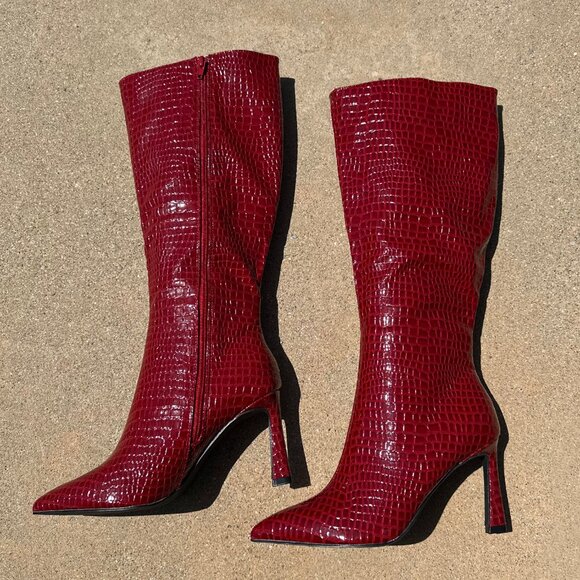 New Red Crocodile Croc Embossed Knee High Boots Pointed Toe Stiletto Heel Zipper - Picture 6 of 9